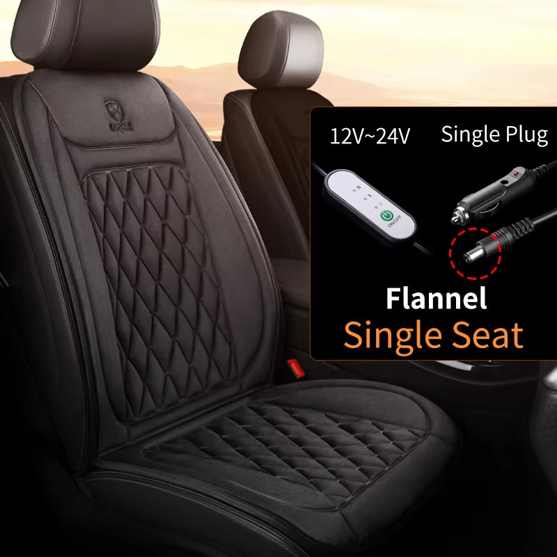 12V–24V Heated Car Seat Cover – 25W Fast-Heating Flannel Seat Warmer for Cold Mornings, Universal Fit