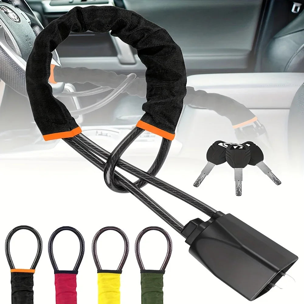 2-in-1 Steering Wheel & Seat Belt Anti-Theft Lock – Braided Steel Cable Universal Car Security Device