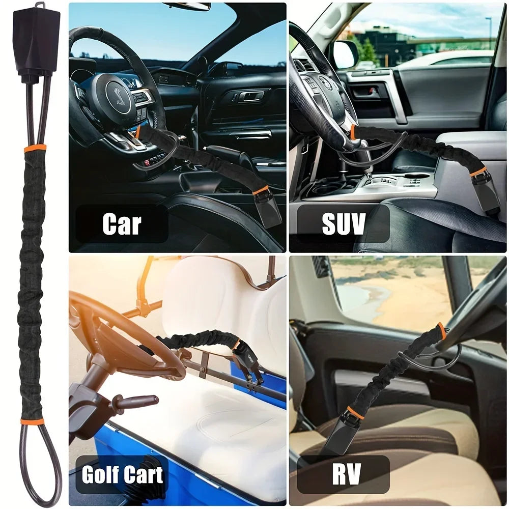 2-in-1 Steering Wheel & Seat Belt Anti-Theft Lock – Braided Steel Cable Universal Car Security Device