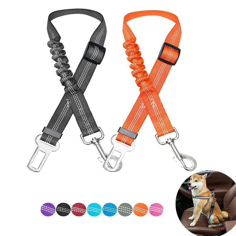 Adjustable Dog Car Seat Belt Harness – Reflective Nylon with Cushioned Comfort & Elastic Safety Clip for All Breeds