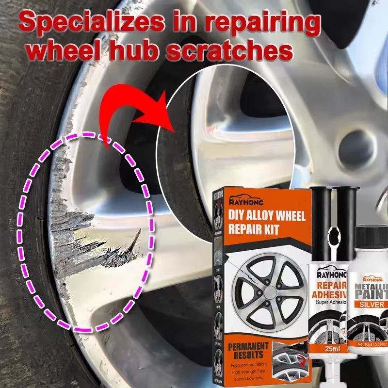DIY Alloy & Steel Wheel Repair Kit – Scratch & Curb Damage Filler with Silver Touch-Up Paint