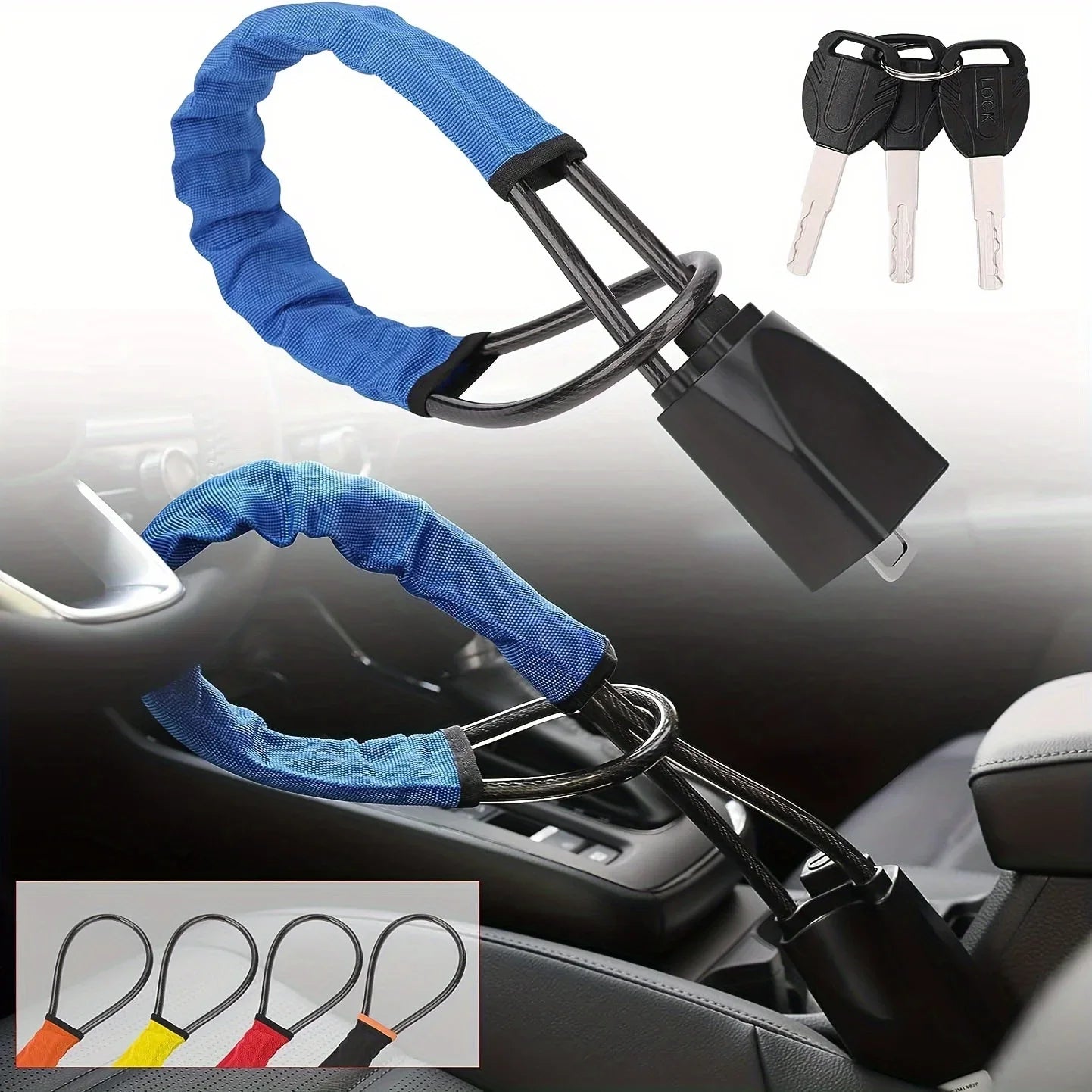 2-in-1 Steering Wheel & Seat Belt Anti-Theft Lock – Braided Steel Cable Universal Car Security Device