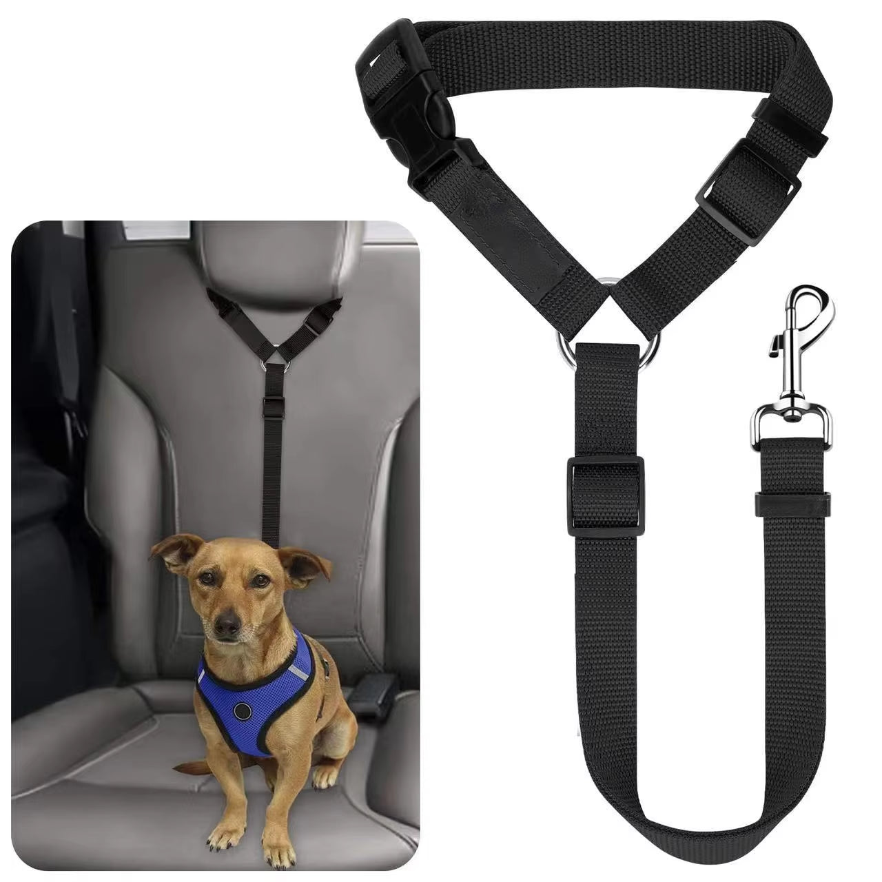 2-in-1 Pet Car Seat Belt & Lead – Adjustable Nylon Dog Harness Clip for Back Seat Travel Safety