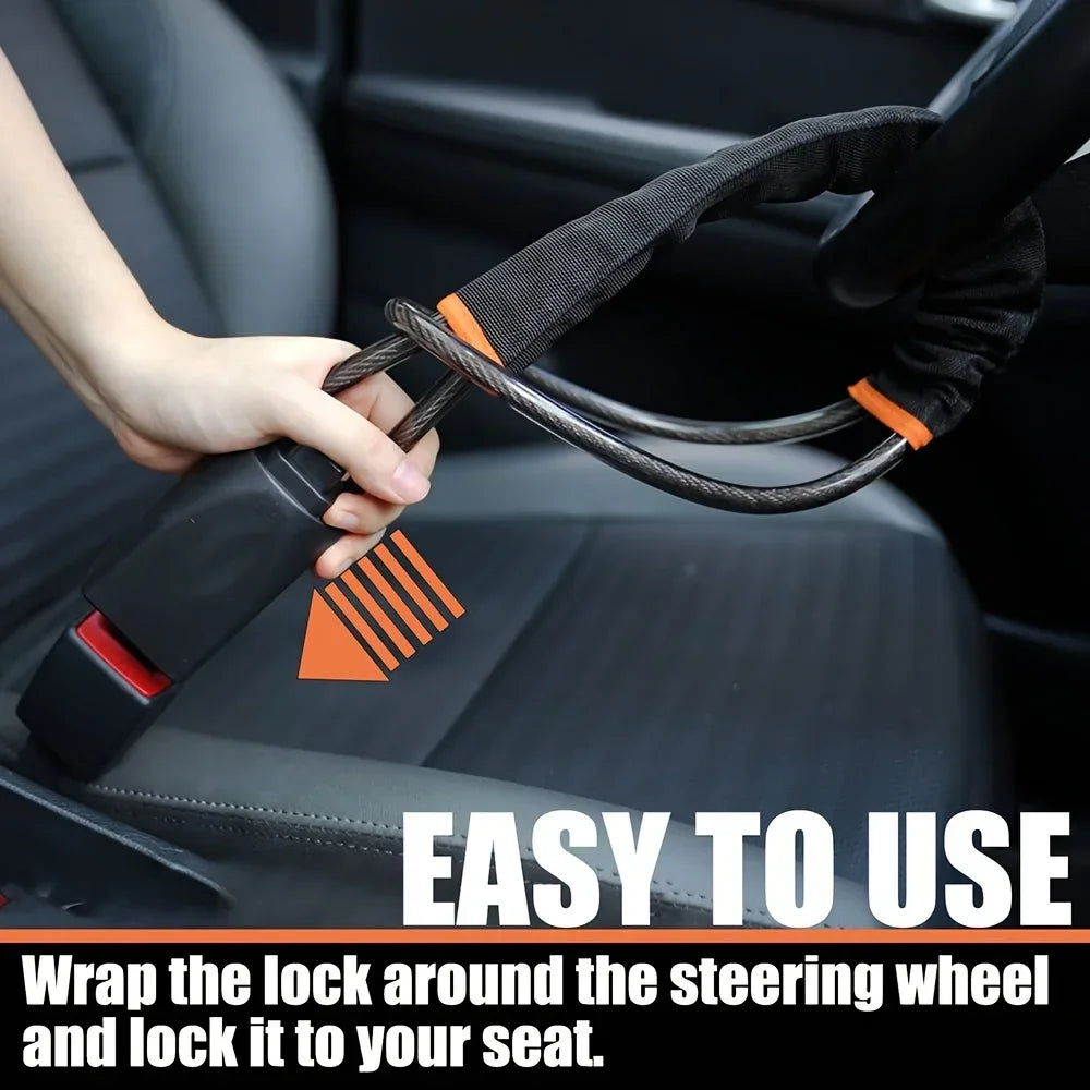 2-in-1 Steering Wheel & Seat Belt Anti-Theft Lock – Braided Steel Cable Universal Car Security Device