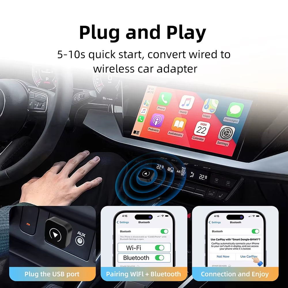 2-in-1 Wireless CarPlay & Android Auto Adapter – Plug-and-Play AI Box for Factory Wired CarPlay