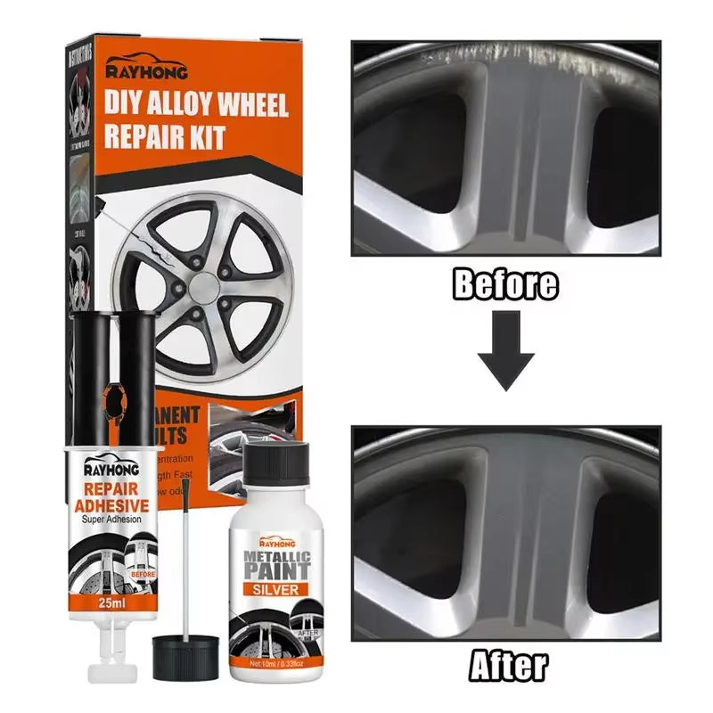 DIY Alloy & Steel Wheel Repair Kit – Scratch & Curb Damage Filler with Silver Touch-Up Paint