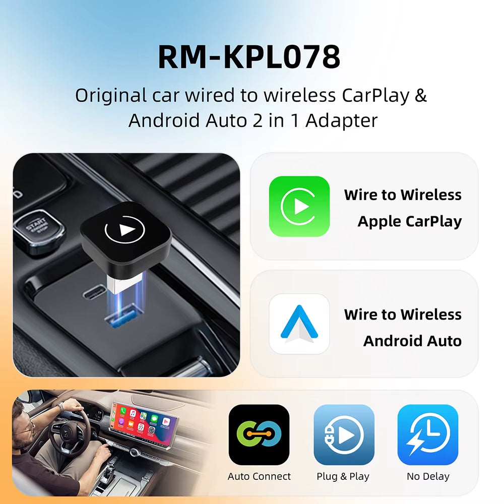 2-in-1 Wireless CarPlay & Android Auto Adapter – Plug-and-Play AI Box for Factory Wired CarPlay