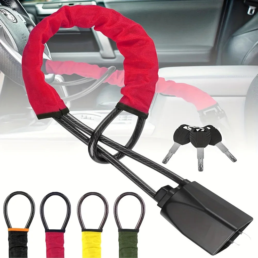 2-in-1 Steering Wheel & Seat Belt Anti-Theft Lock – Braided Steel Cable Universal Car Security Device