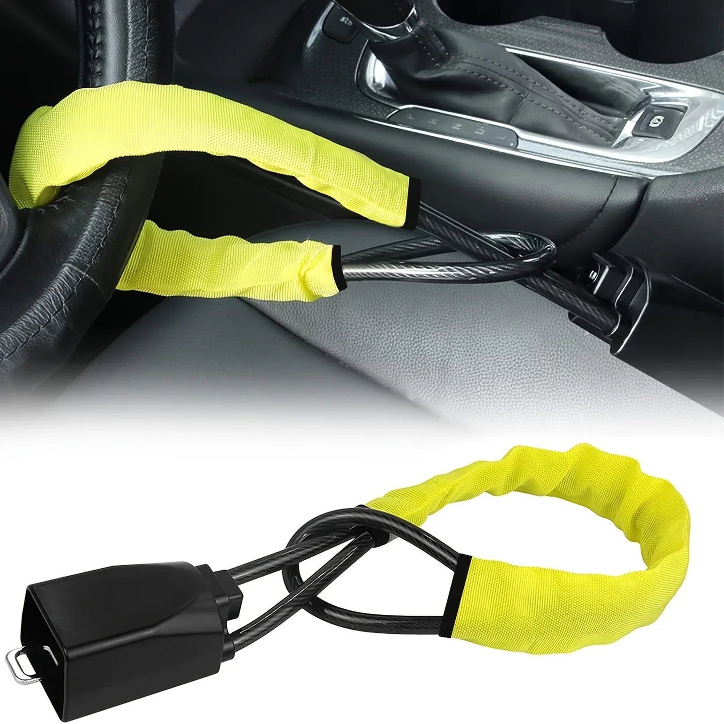 2-in-1 Steering Wheel & Seat Belt Anti-Theft Lock – Braided Steel Cable Universal Car Security Device